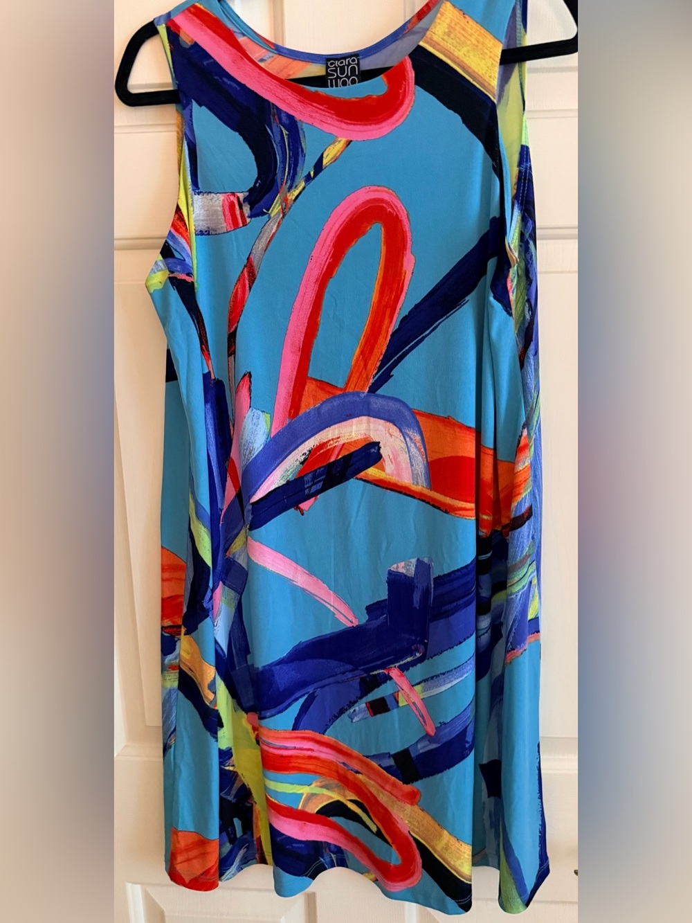 Clara Sun Woo Turquoise Dress with Red and Pink Brushstroke Print